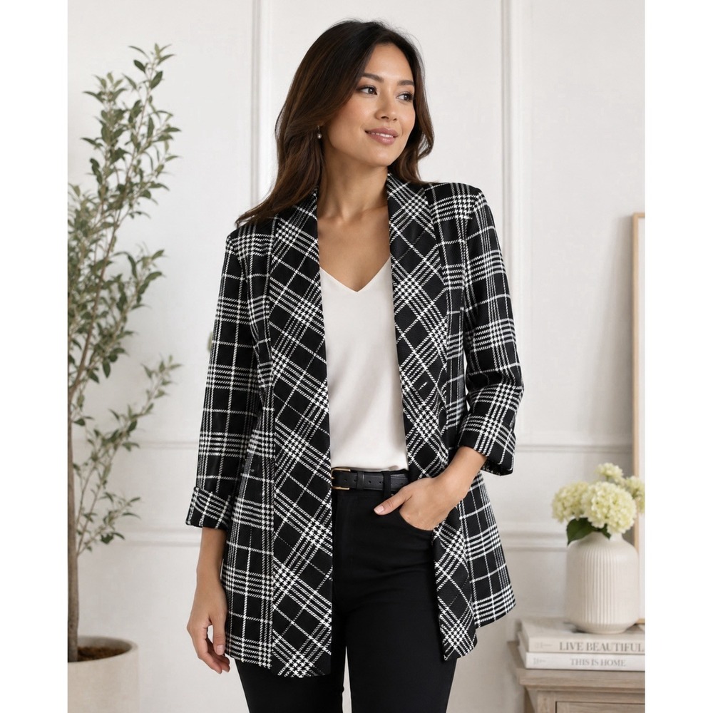 ANNE KLEIN BLACK WHITE PLAID OPEN FRONT CAREER JACKET BLAZER XL LINED 3/4 SLEEVE